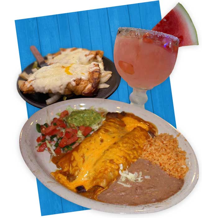 Watermelon margarita and enchiladas served at Mariachis Mexican Restaurant in Brenham, TX